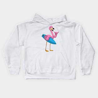 Flamingo as Surfer with Surfboard Kids Hoodie